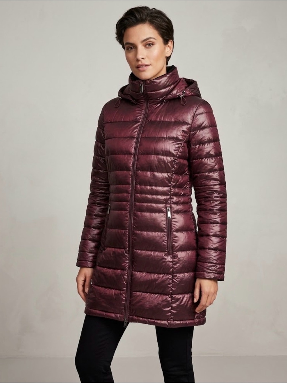 Andrew Marc Metallic Burgundy Quilted Lightweight Long Puffer Coat